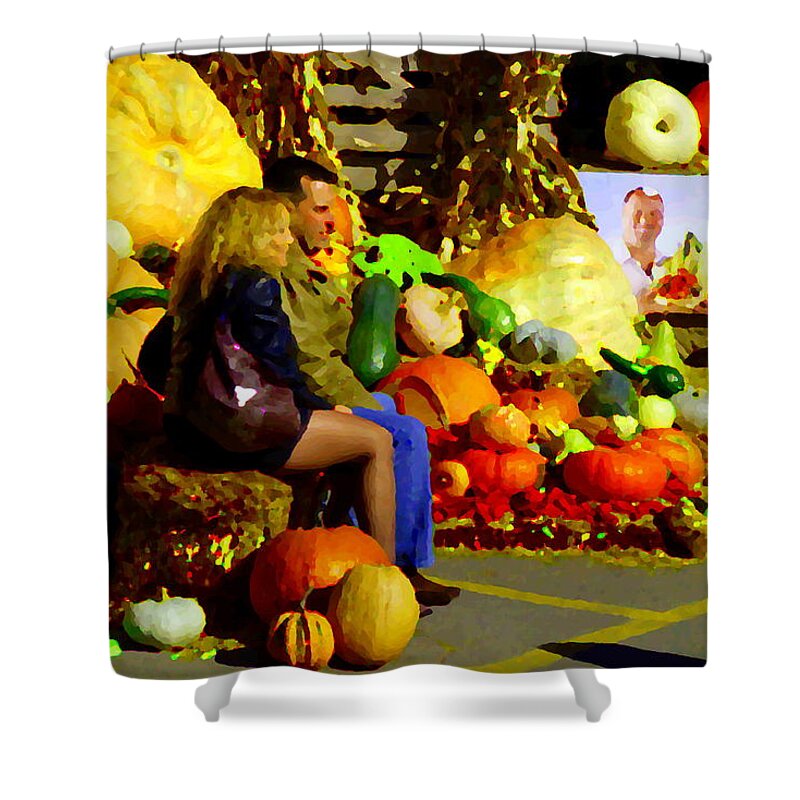 Markets Shower Curtain featuring the painting Cabbage Patch Kids - Giant Pumpkins - Marche Atwater Montreal Market Scene Art Carole Spandau by Carole Spandau