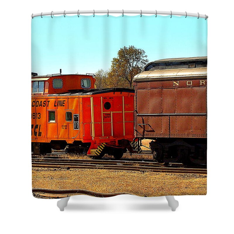 Fine Art Shower Curtain featuring the photograph Caboose and Car by Rodney Lee Williams