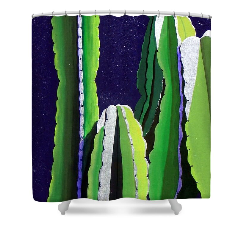Southwestern Shower Curtain featuring the painting Cactus in the Desert Moonlight by Karyn Robinson