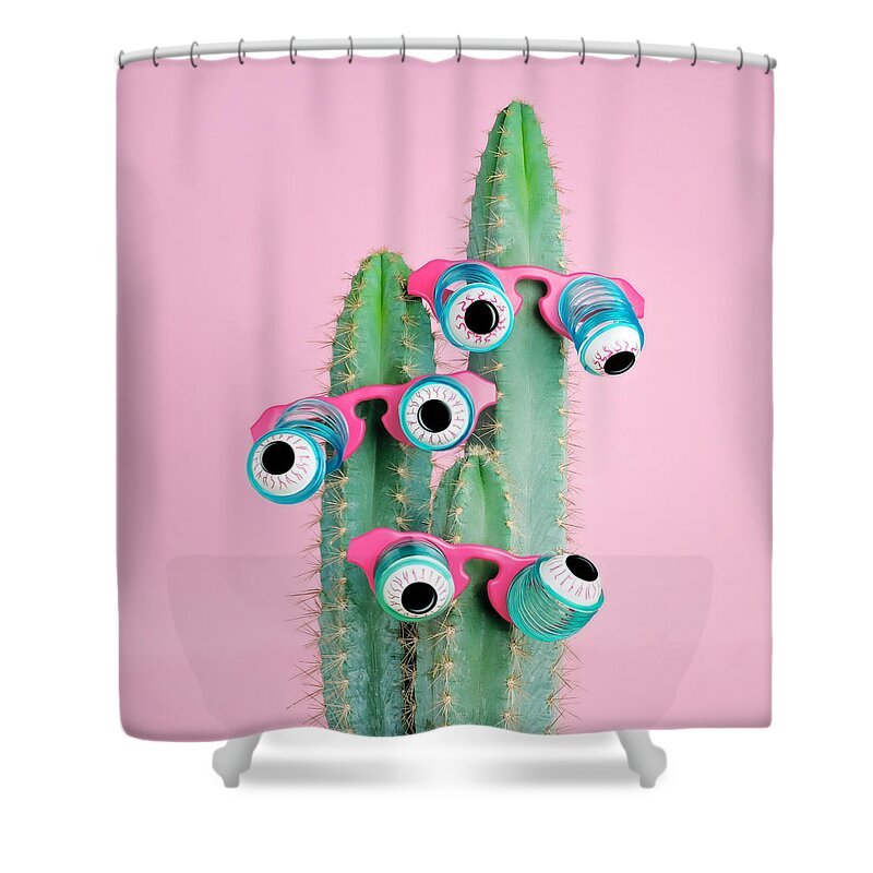 Googly Eyes Shower Curtain featuring the photograph Cactus Wearing Eyeball Glasses by Juj Winn