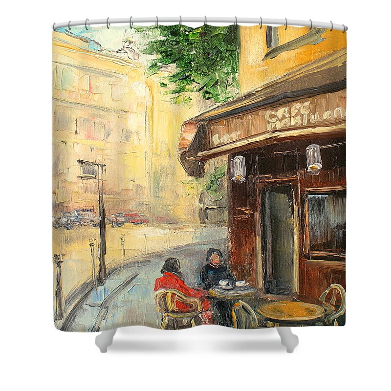 Paris Shower Curtain featuring the painting Cafe de Paris by Luke Karcz