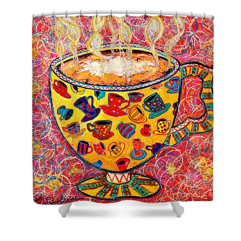 Coffee Shower Curtain featuring the painting Cafe Latte - Coffee Cup With Colorful Coffee Cups Some Pink And Bubbles by Ana Maria Edulescu