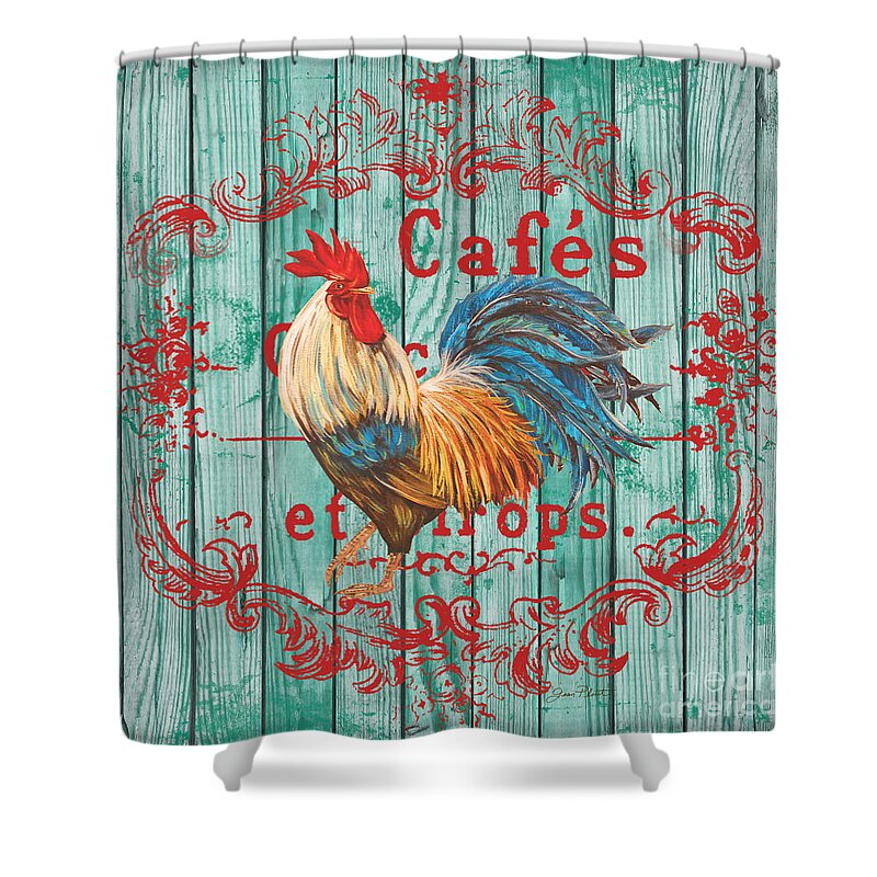Rooster Shower Curtain featuring the painting Cafe Rooster on Aqua by Jean Plout