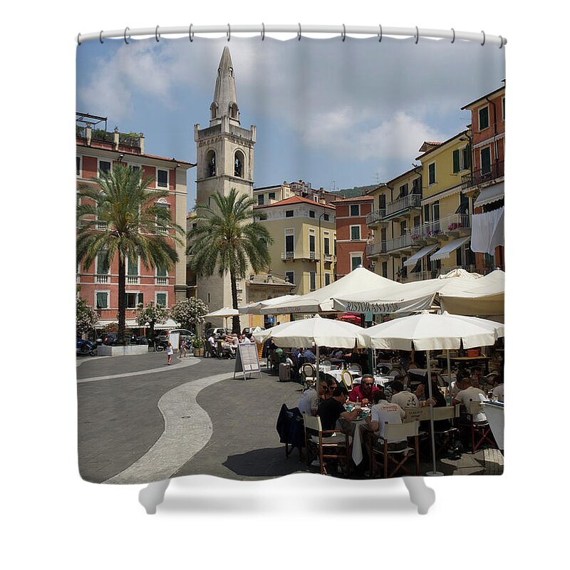 Photography Shower Curtain featuring the photograph Cafes On Piazza Garibaldi, Lerici by Panoramic Images
