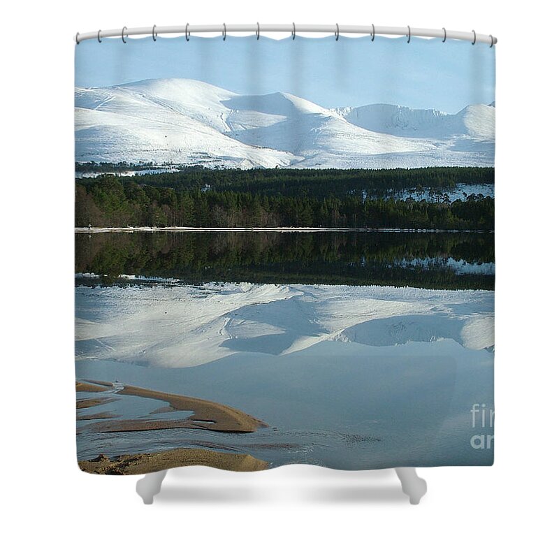 Loch Morllch Shower Curtain featuring the photograph Loch Morlich and Cairngorm - Winter Reflections by Phil Banks