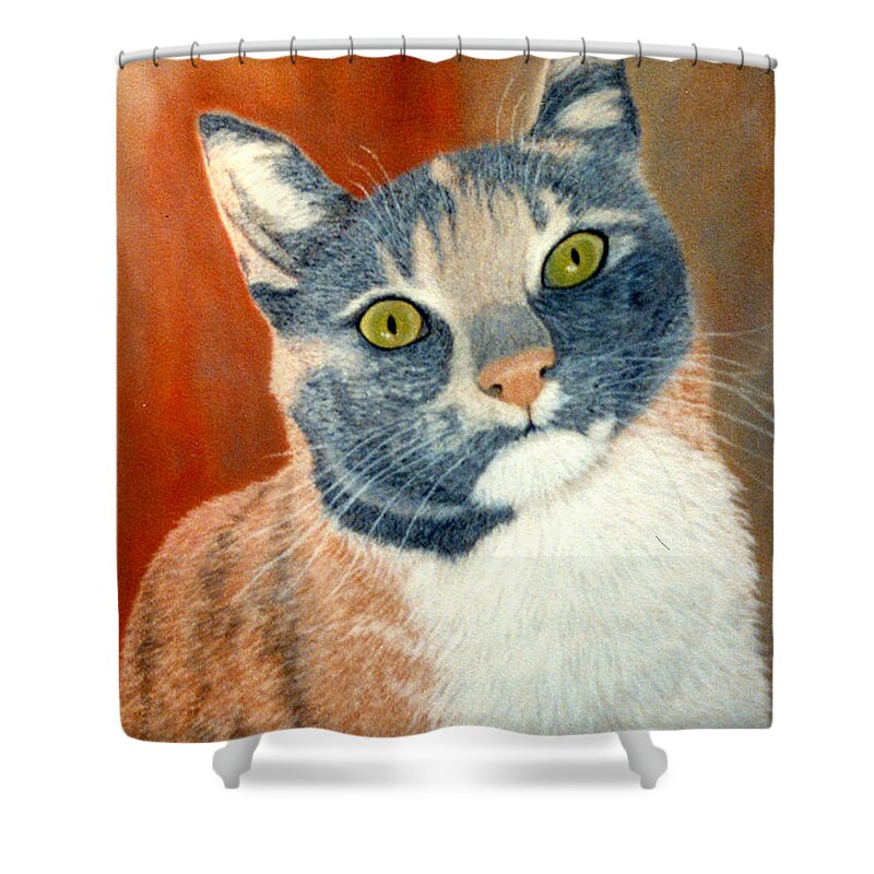 Karen Zuk Rosenblatt Art And Photography Shower Curtain featuring the painting Calico Cat by Karen Zuk Rosenblatt