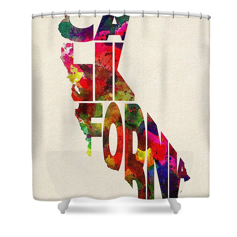 California Shower Curtain featuring the painting California Typographic Watercolor Map by Inspirowl Design