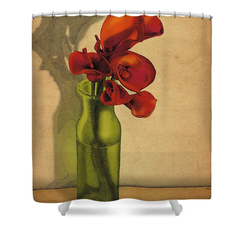 Calla Lillies Flowers Bottle Shower Curtain featuring the drawing Calla Lilies in Bloom by Meg Shearer