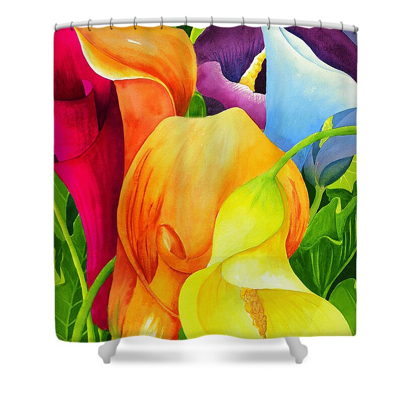Flower Paintings Shower Curtain featuring the painting Calla Lily Rainbow by Janis Grau