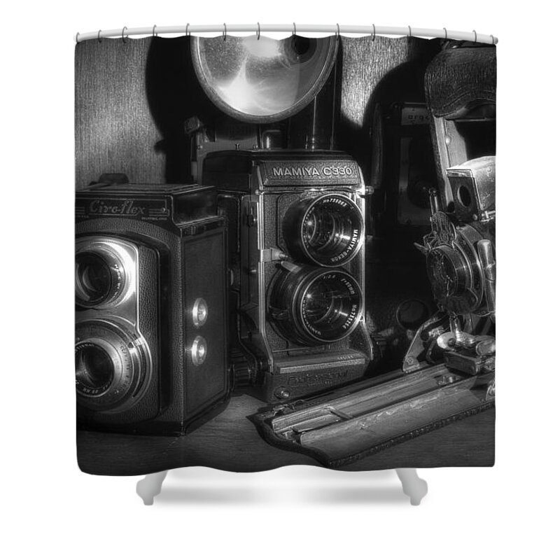 Antique Cameras Shower Curtain featuring the photograph Cameras In The Cupboard 2 by Michael Eingle