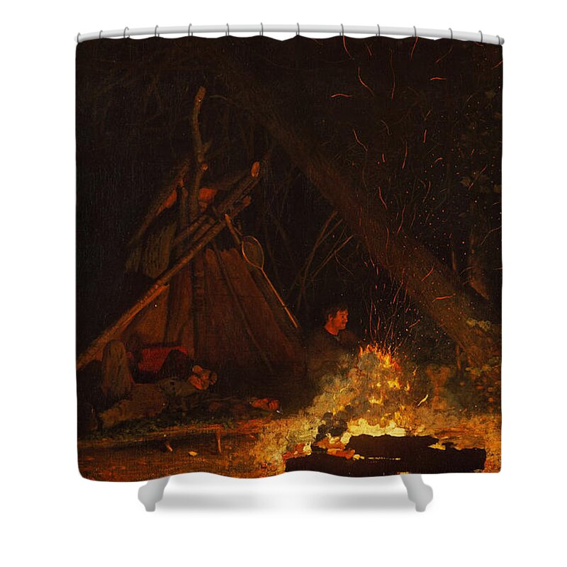 Winslow Homer Shower Curtain featuring the painting Camp Fire by Winslow Homer