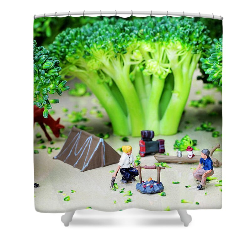 Camping Shower Curtain featuring the photograph Camping among broccoli jungles miniature art by Paul Ge