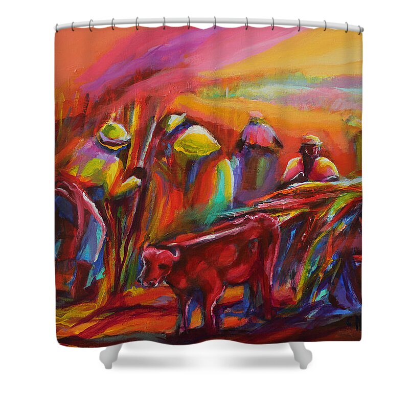 Abstract Shower Curtain featuring the painting Cane Harvest Ox by Cynthia McLean