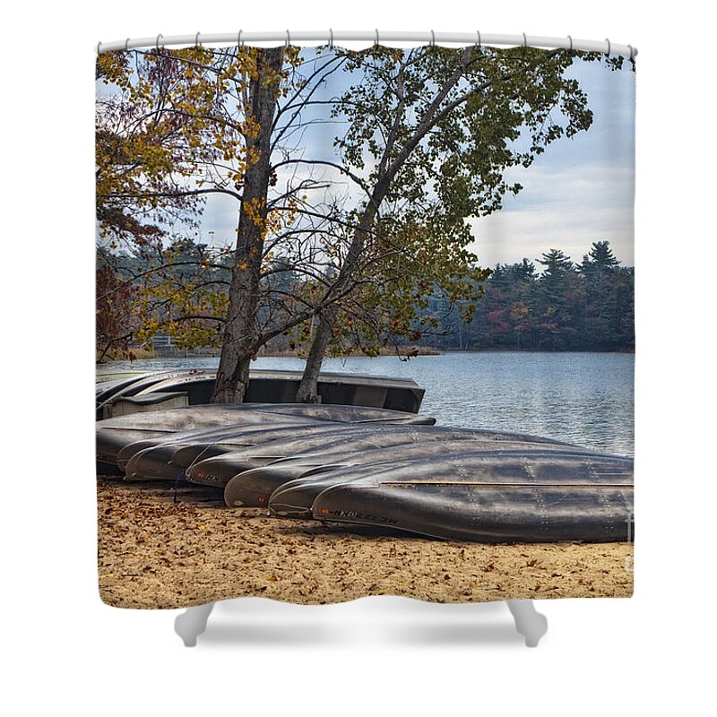 Michigan Shower Curtain featuring the photograph Canoes by Timothy Hacker