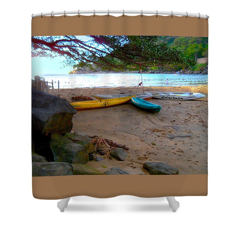 Canoes And Fishing Shower Curtain featuring the digital art Footprints And Canoes At Sunset by Pamela Smale Williams
