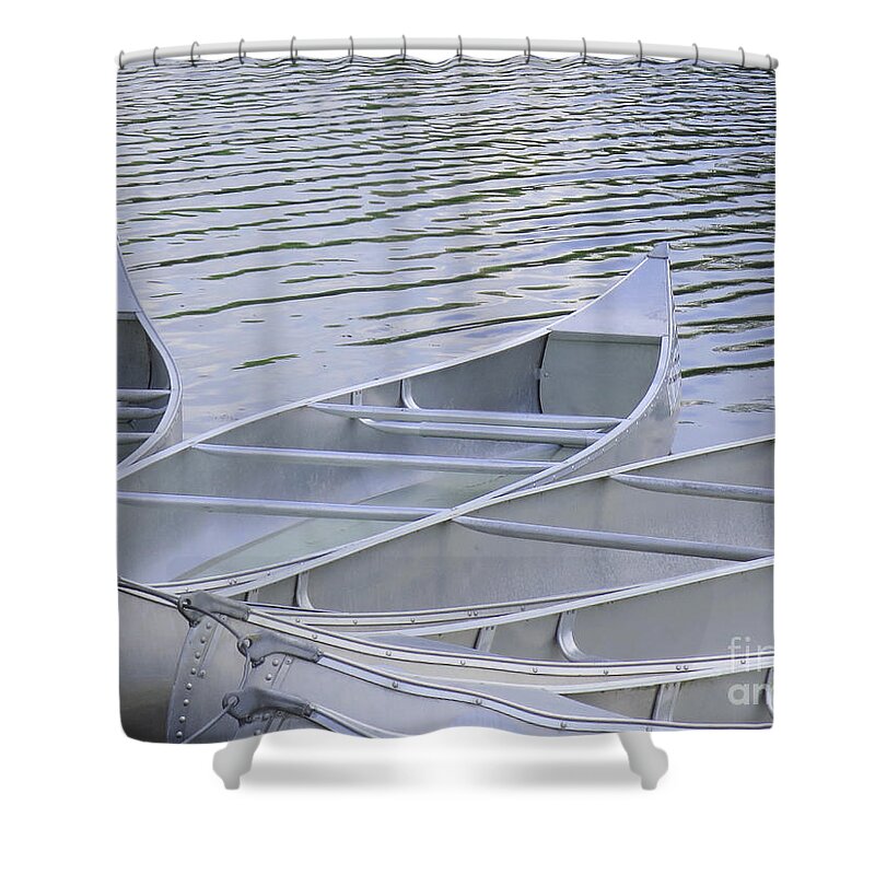 Canoes Shower Curtain featuring the photograph Canoes Waiting by Ann Horn