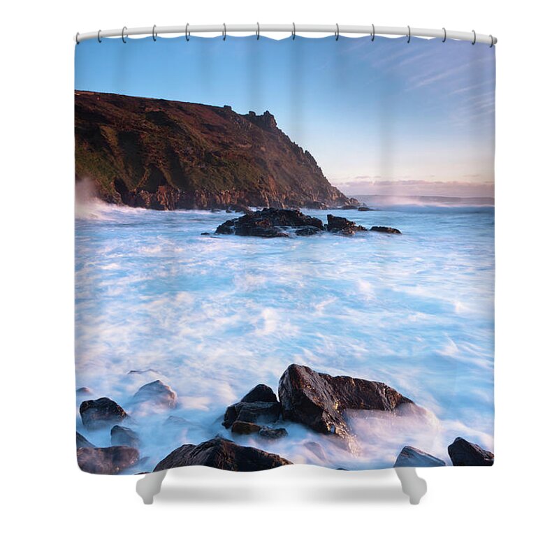 Spray Shower Curtain featuring the photograph Cape Cornwall In Stormy Conditions At by Moorefam