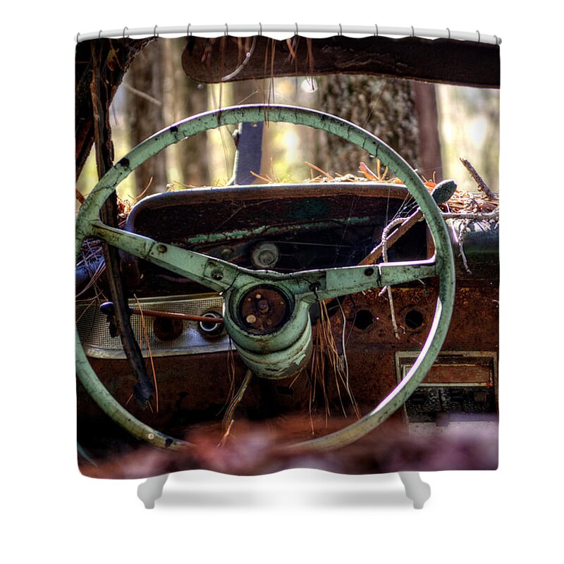 Junk Yard Shower Curtain featuring the photograph Car in the Woods by Greg and Chrystal Mimbs