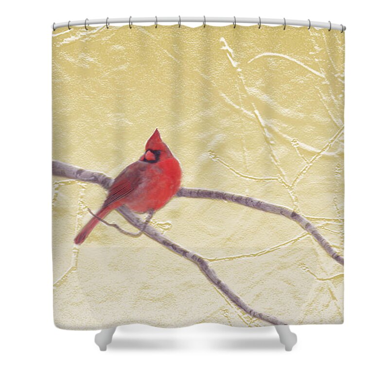 Nature Shower Curtain featuring the mixed media Cardinal in gold leaf by Steve Karol