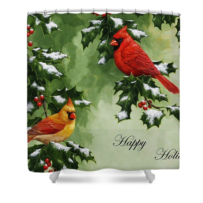 Birds Shower Curtain featuring the painting Cardinals Holiday Card - Version with snow by Crista Forest