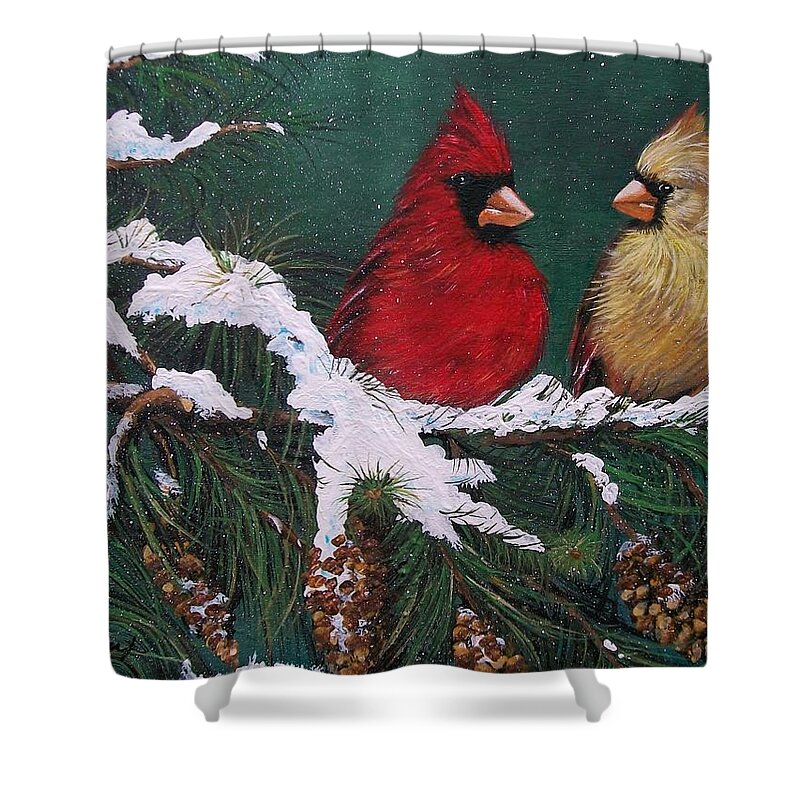  Christmas Shower Curtain featuring the painting Cardinals in the Snow by Sharon Duguay