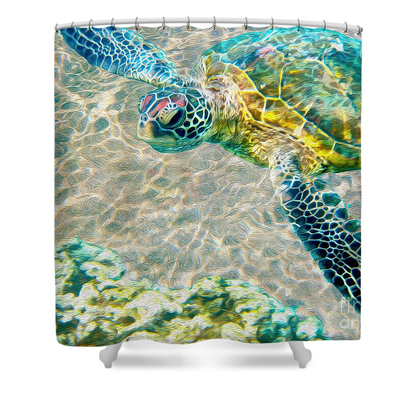 Caribbean Sea Turtle Shower Curtain featuring the mixed media Beautiful Sea Turtle by Jon Neidert