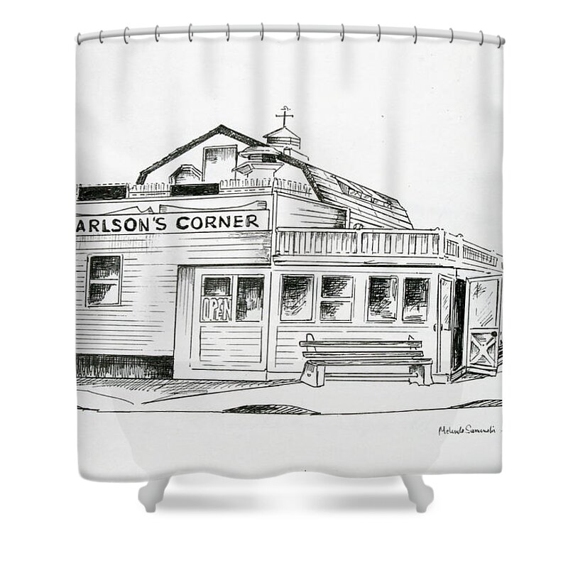 Carlsons Corner Shower Curtain featuring the drawing Carlsons Corner Manasquan by Melinda Saminski