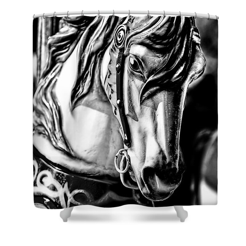 Christopher Holmes Photography Shower Curtain featuring the photograph Carousel Horse Two - BW by Christopher Holmes