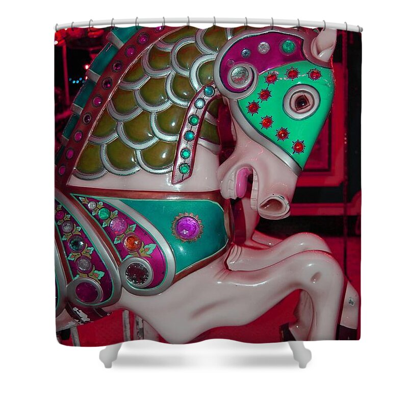 Carousel Shower Curtain featuring the digital art Carousel Pink Fairytale Horse by Patty Vicknair