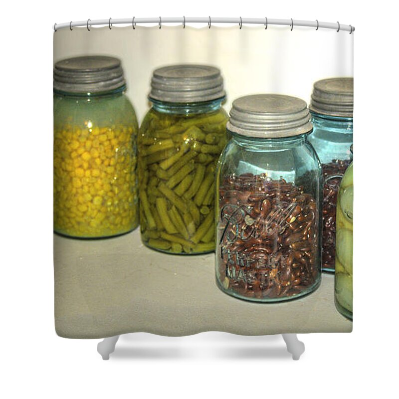 Usa Shower Curtain featuring the photograph Carrots Vintage kitchen glass jar Canning by LeeAnn McLaneGoetz McLaneGoetzStudioLLCcom