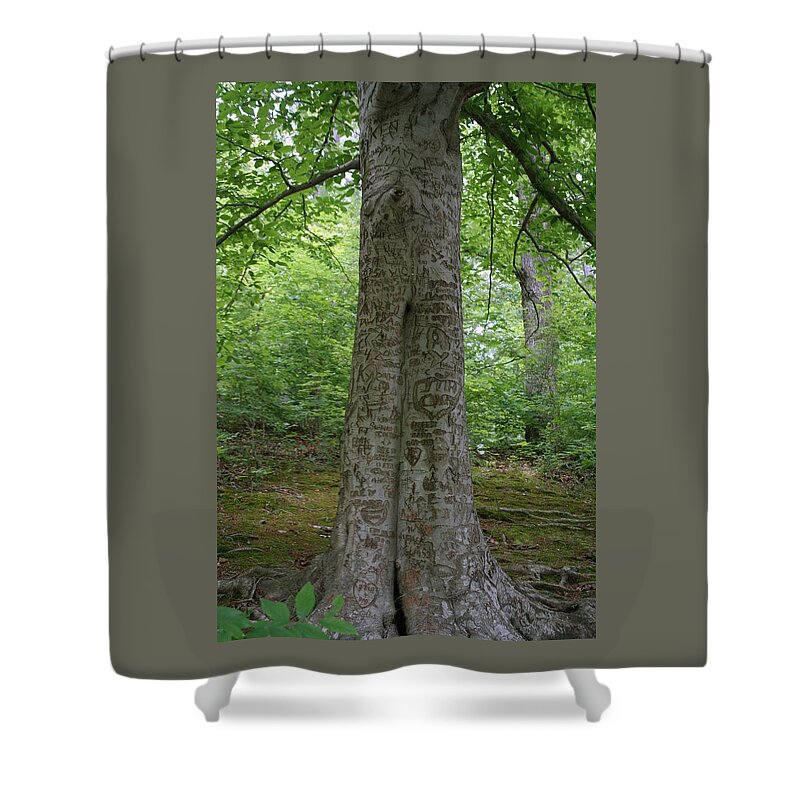 Initials Shower Curtain featuring the photograph Tennessee Dunbar Cave Carved Tree by Valerie Collins