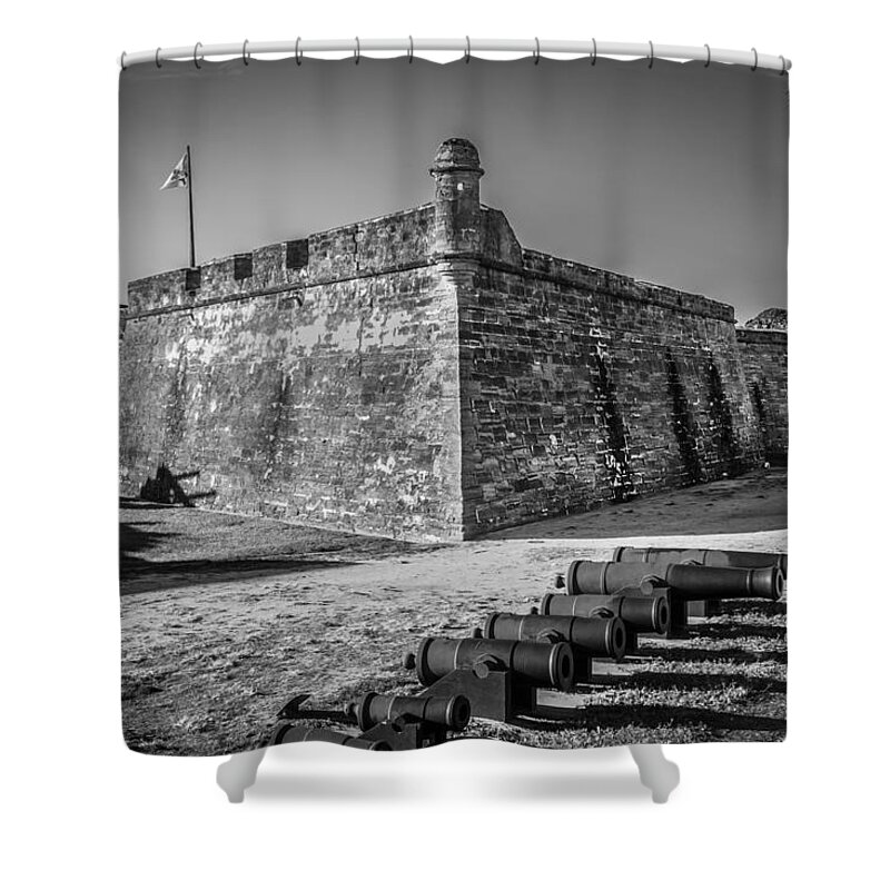 Castle Shower Curtain featuring the photograph Castillo De San Marcos St Augustine Florida Painted BW by Rich Franco
