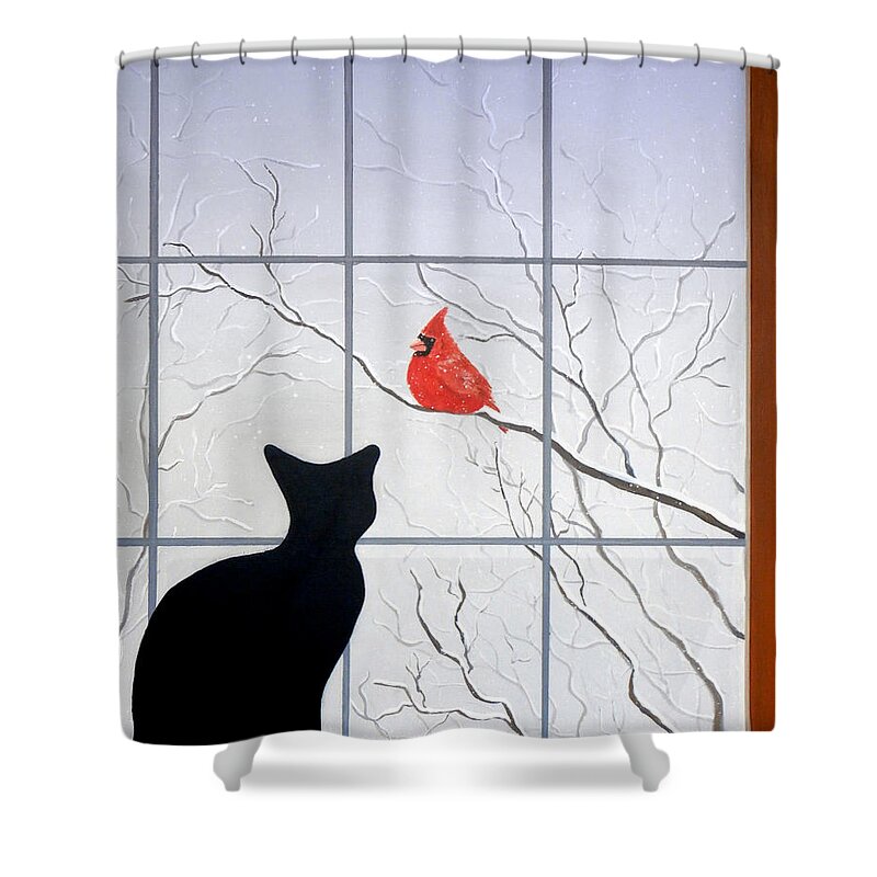 Cat Shower Curtain featuring the painting Cat and Cardinal by Karyn Robinson