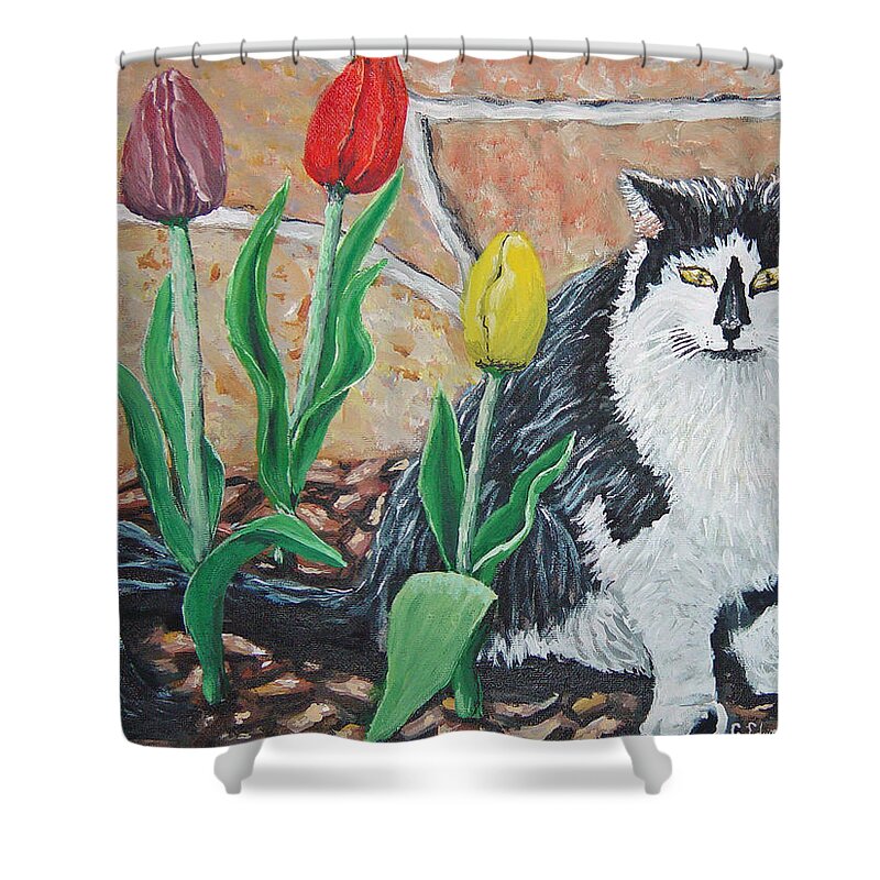 Cat Flowers Shower Curtain featuring the painting Cat by the tulips by Carey MacDonald