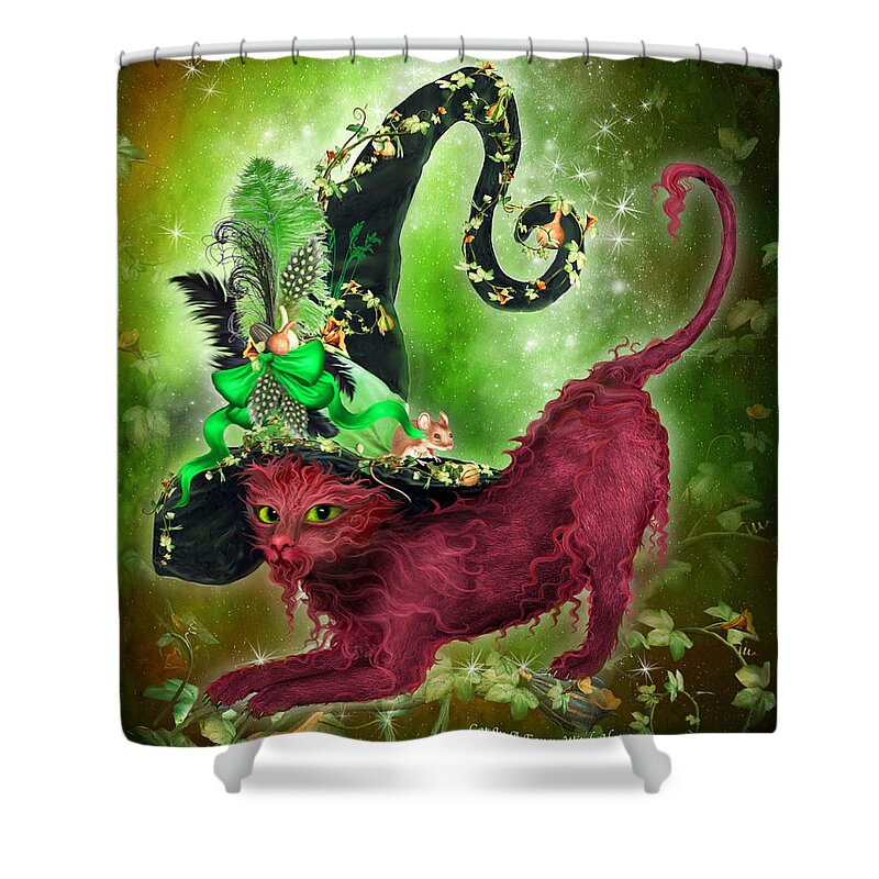 Cat Shower Curtain featuring the mixed media Cat In Fancy Witch Hat 2 by Carol Cavalaris
