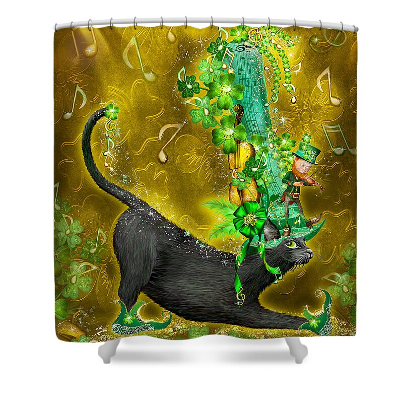 Cat Shower Curtain featuring the mixed media Cat In Irish Jig Hat by Carol Cavalaris
