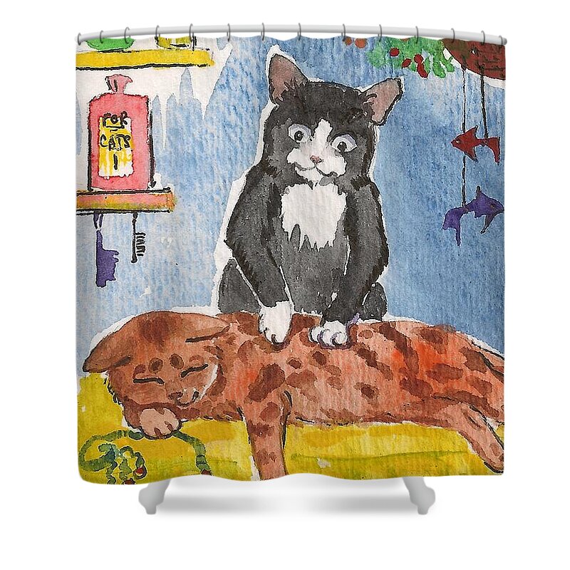 Print Shower Curtain featuring the painting Cat Massage by Margaryta Yermolayeva