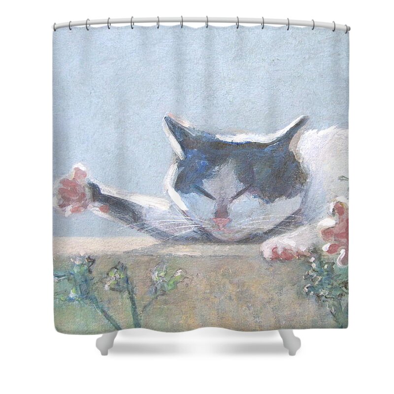 Cat With Geraniums Shower Curtain featuring the painting Cat with Geraniums by Kazumi Whitemoon
