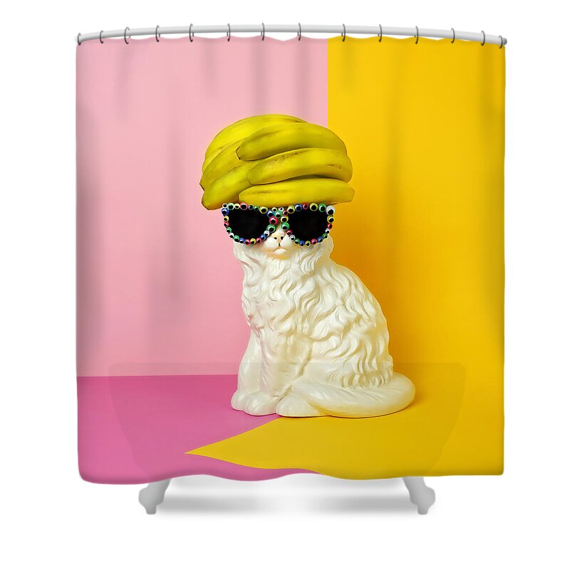 Statue Shower Curtain featuring the photograph Cat Wearing Sunglasses And Banana Wighat by Juj Winn