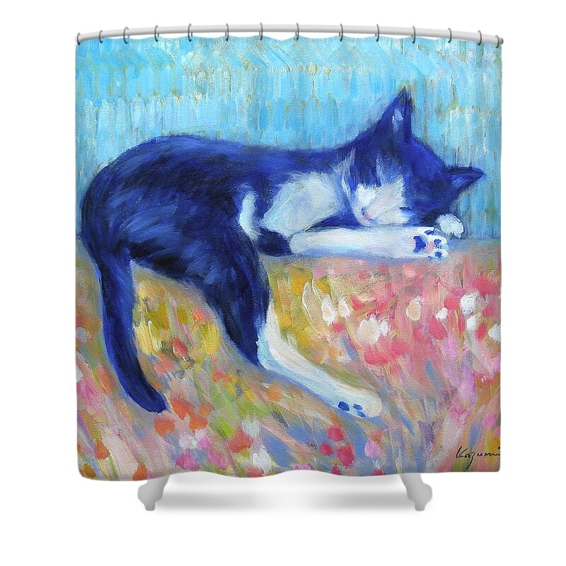 Cat With Flowers Shower Curtain featuring the painting Cat with Flowers by Kazumi Whitemoon