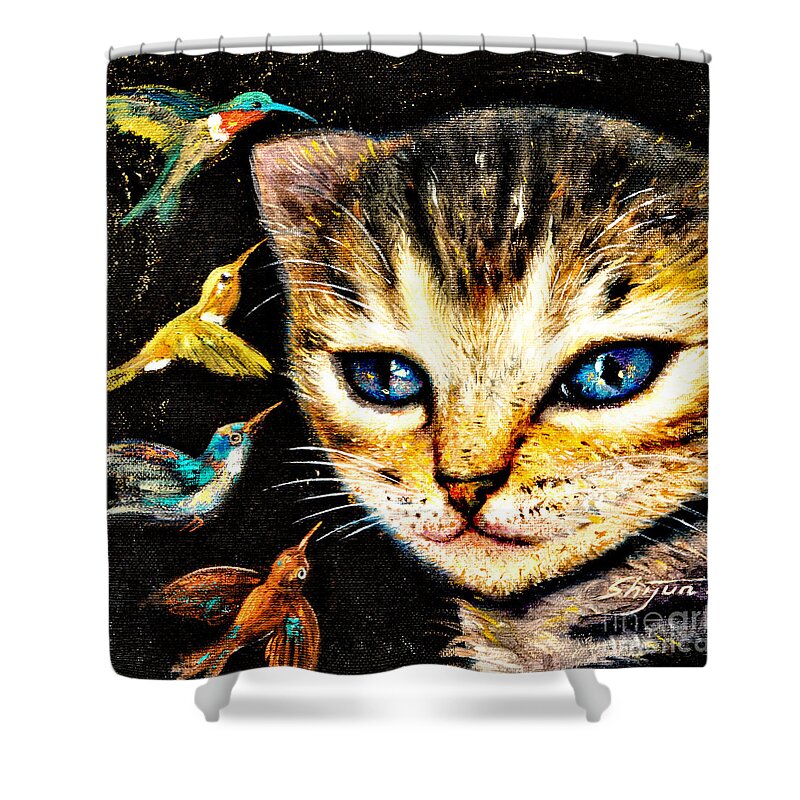 Cat Shower Curtain featuring the painting Cat with Hummingbirds by Shijun Munns