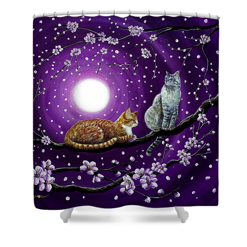 Violet Shower Curtain featuring the painting Cats in Dancing Cherry Blossoms by Laura Iverson