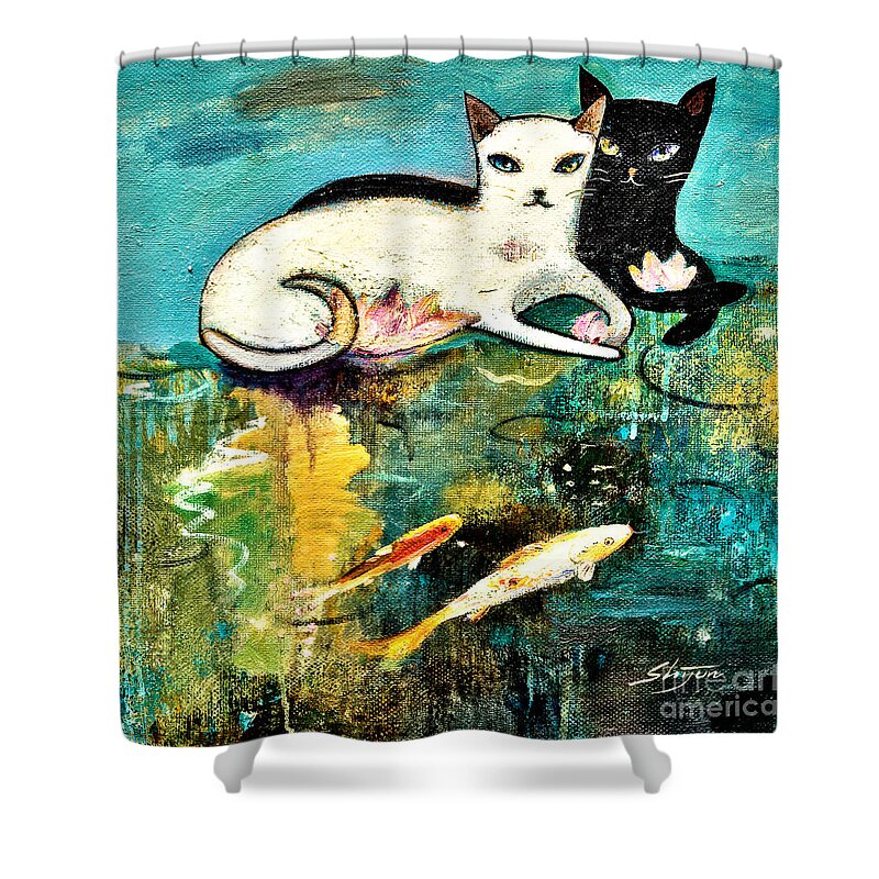 Black Cat Shower Curtain featuring the painting Cats with koi by Shijun Munns