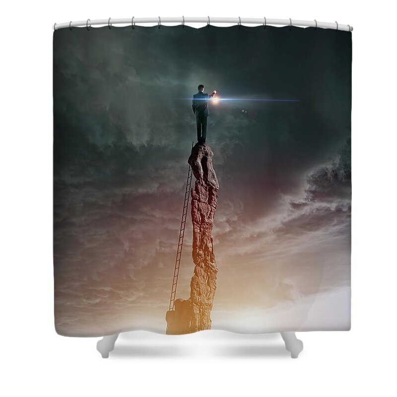 Corporate Business Shower Curtain featuring the photograph Caucasian Man With Lantern On Rocky by Colin Anderson Productions Pty Ltd