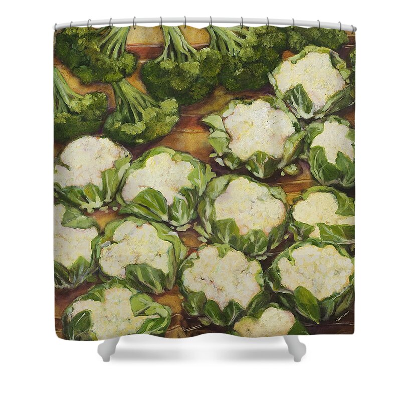 Cauliflower Shower Curtain featuring the painting Cauliflower March by Jen Norton