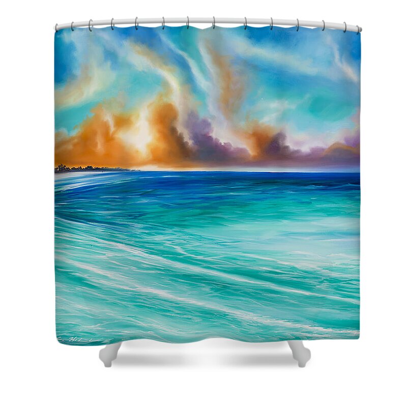 Sunrise Shower Curtain featuring the painting Cazumel by James Hill