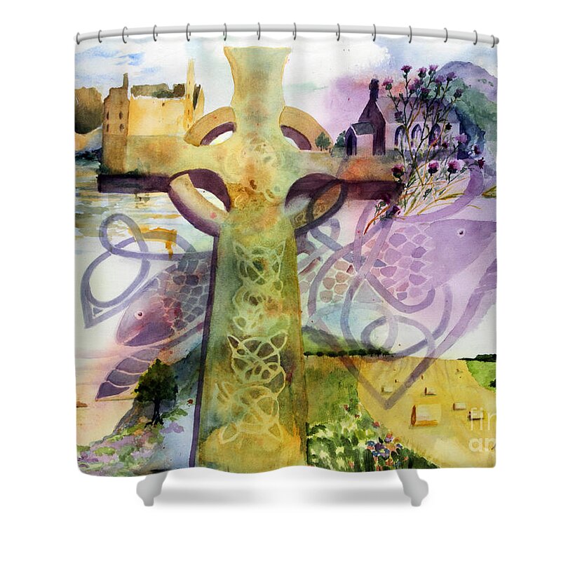 Celtic Cross Shower Curtain featuring the painting Inspired By Ancient Designs by Maria Hunt