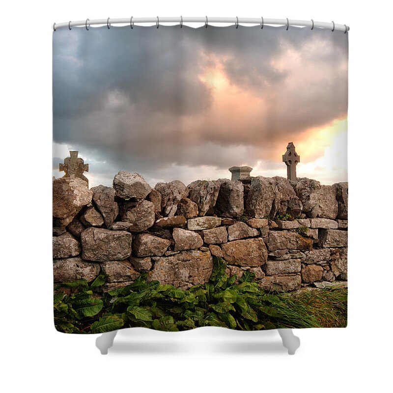 Doolin Shower Curtain featuring the photograph Celtic Cross Stone Wall by Allan Van Gasbeck