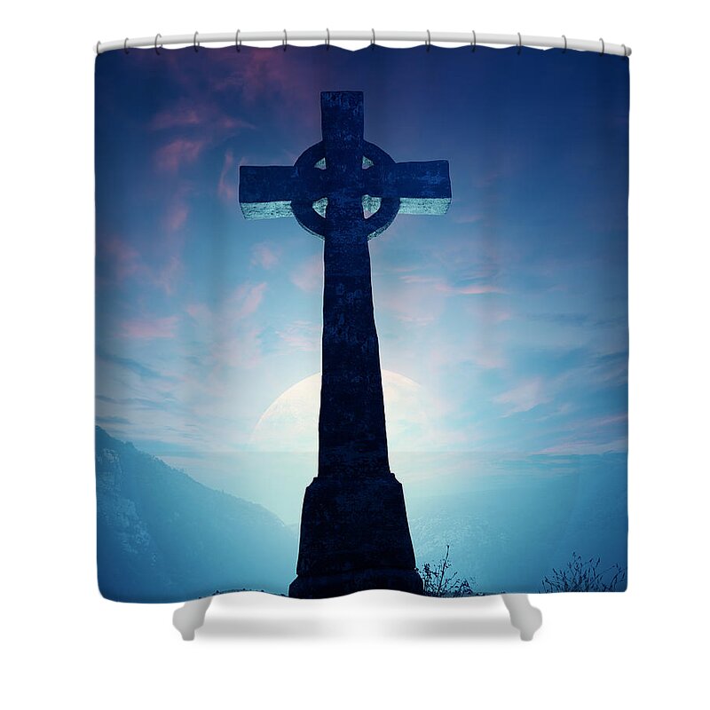 Cross Shower Curtain featuring the photograph Celtic Cross with moon by Johan Swanepoel