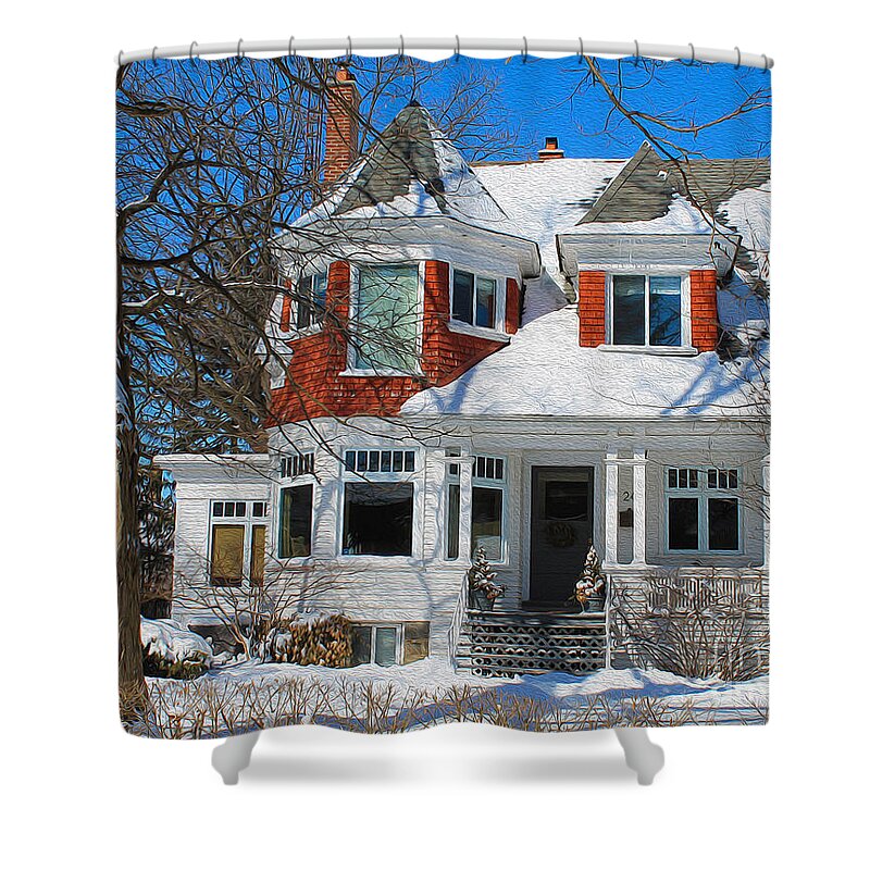 Snow Shower Curtain featuring the photograph Century Home in Winter 11 by Nina Silver